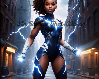 Female Lightening Super Hero PNG, Black woman superhero png, digital download