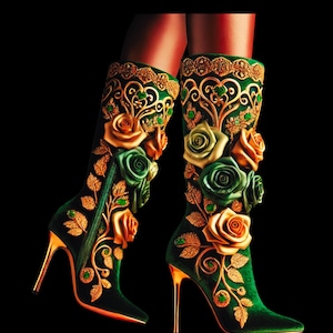 May include: A pair of high-heeled boots in emerald green velvet. The boots are adorned with gold floral embroidery and feature gold stiletto heels. The design includes roses in shades of green and gold.
