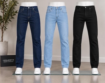 Pack of three Men's Jeans, Slim Straight Fit Denim Pants, Dark Indigo, Light Blue & Black, Cedarwyn