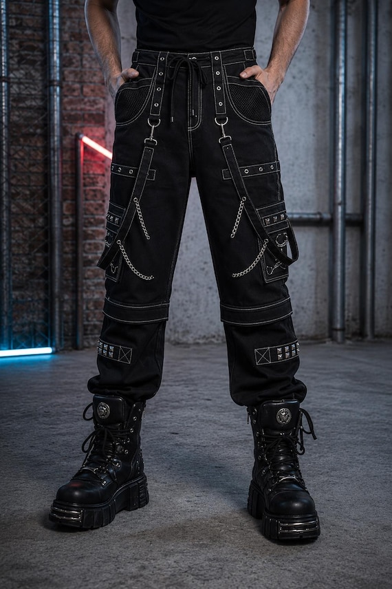 2 in 1 Cyberpunk Gothic Cargo convertible Pants for Men | Black Industrial Techwear Pants with Chains & Straps