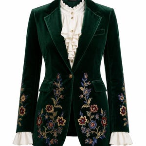May include: A dark green velvet blazer featuring intricate floral embroidery in shades of blue, red, and gold on the front panels and sleeves. The blazer has a single button closure and is layered over a cream-coloured blouse with ruffled cuffs.
