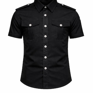Men's Black Cotton Gothic Military Shirt, Half Sleeve Button Up Top