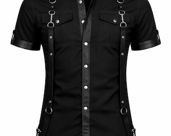 Camisa masculina gótica preta de algodão com alças de couro PU, argolas em D e abas nos ombros | Top estilo arnês industrial/tecnológico