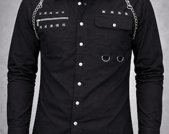 Men's Black Gothic Shirt: Studded Chains, Zipper Detail, Full-Sleeve Button-Down