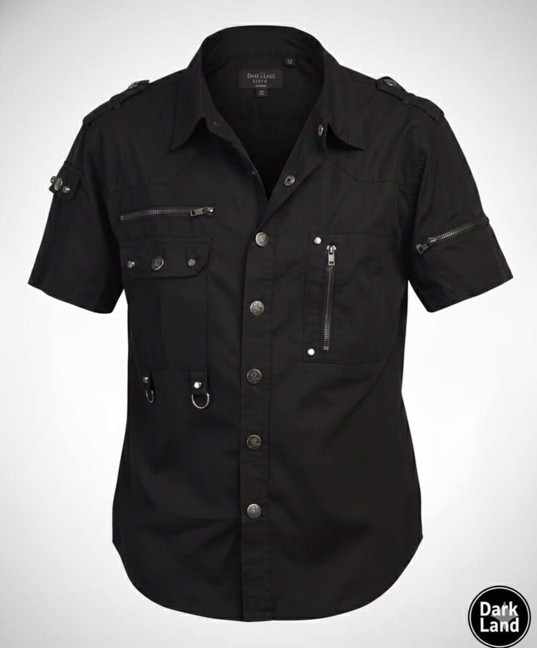 Gothic Industrial Short-sleeve Shirt - Black Metal & Zipper Detail