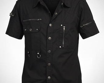 Gothic Industrial Short-Sleeve Shirt - Black Metal & Zipper Detail Top