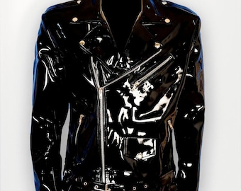 May include: A glossy black motorcycle jacket with a shiny, patent leather-like finish. The jacket features a classic asymmetrical zipper, multiple zippered pockets, and a belted waist. Gold-colored hardware accents the jacket, including the zippers and snaps.