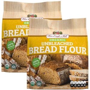 May include: Two bags of War Eagle Mill Organic Unbleached Bread Flour. Each bag is 40 ounces and features a picture of sliced bread. The bags are labeled with USDA Organic and Non-GMO.