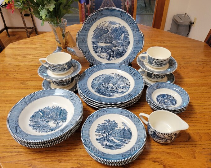 Vintage Currier & Ives Blue Dinnerware by Royal China Company, Sebring
