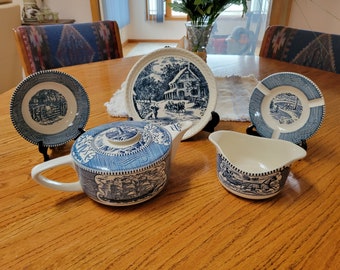 Vintage Currier & Ives Blue Dinnerware by Royal China Company.  Miscellaneous Serving Pieces.