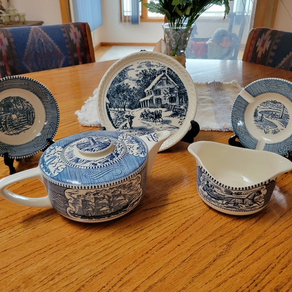 Vintage Currier & Ives Blue Dinnerware by Royal China Company.  Miscellaneous Serving Pieces.