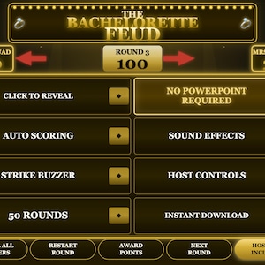 Könnte beinhalten: Eine digitale Spieloberfläche mit dem Titel The Bachelorette Feud in Schwarz und Gold. Sie zeigt die Spielstände für Bride Squad und Mrs. Mayhem, Runde 3, sowie Schaltflächen für automatische Punktevergabe, Soundeffekte und Host-Steuerungen.