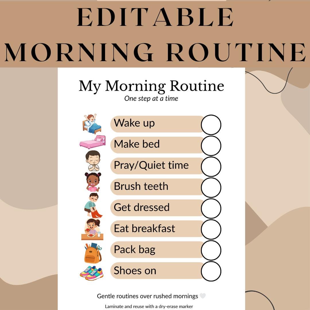 Editable Calm Morning Routine Chart for Kids | Canva Template Visual ...