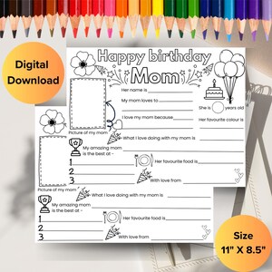 Happy Birthday Mom Best Mom Coloring Page DIGITAL | All About Mum Fill In Sheet | Activity Printable File | Instant Download