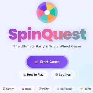 Könnte beinhalten: Die Benutzeroberfläche des Handyspiels SpinQuest zeigt ein buntes, segmentiertes Rad-Symbol über dem Titeltext. Darunter befindet sich ein zentrierter lila Start Game-Button, gefolgt von How to Play- und Settings-Buttons sowie einer Reihe von Kategorie-Icons für Family, Trivia, Party, Icebreaker und Teams.