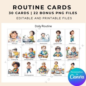 Cartões de rotina diária para crianças e cronograma visual em aquarela – rotina matinal, rotina para dormir, gráfico de rotina para crianças, diário editável semanalmente