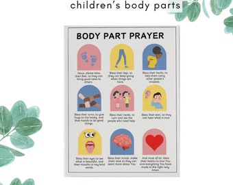 May include: A white framed poster with the text "An Excellent prayer for children's body parts" and "BODY PART PRAYER". The poster has colorful illustrations of body parts with accompanying prayers. The illustrations include feet, legs, backs, arms, necks, ears, eyes, minds, and hearts.