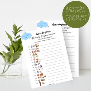 May include: A printable game card with a blue cloud and stars. The card has the text "Guess the phrase Nursery Rhyme version Emoji Pictionary game The player team with the most correct answers win!" and a list of 15 numbered emojis.