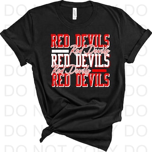 May include: Black t-shirt with the words "RED DEVILS" in red and white lettering, repeated four times.