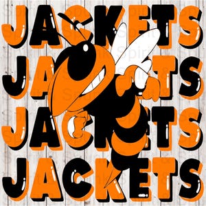 May include: A graphic design featuring the word "JACKETS" in orange and black, with a cartoon hornet mascot. The hornet is orange and black, with a smiling face and outstretched wings. The background is a light wood grain.