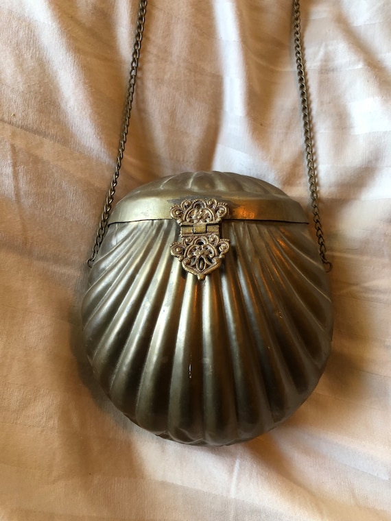 Antique Brass Clamshell Purse Lined With Royal Pur
