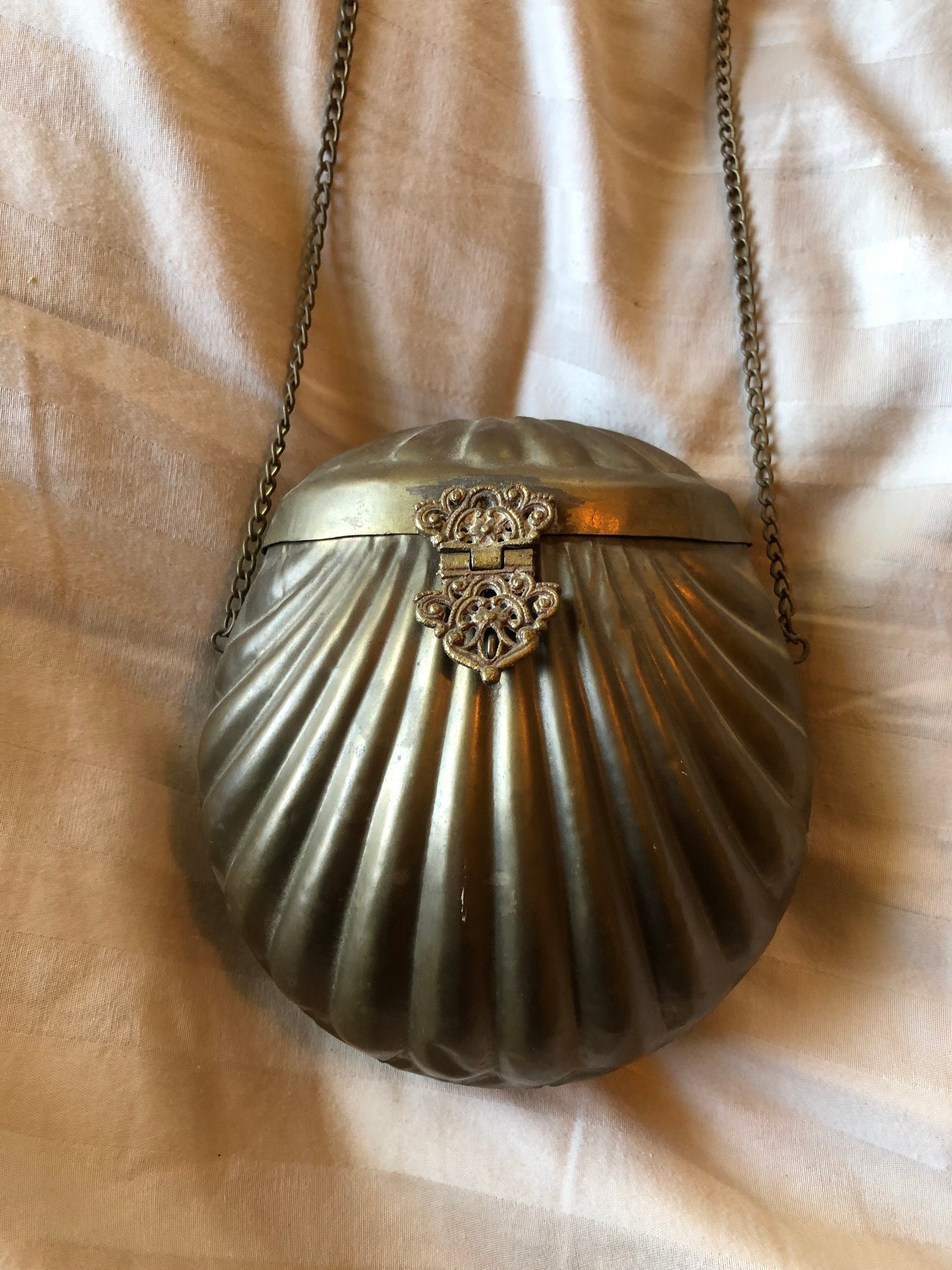 Antique Brass Clamshell Purse Lined With Royal Purple Velvet. 