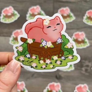 Blossom the Pink Kitty in a Flower Cart - Naklejki winylowe 3-calowe - wodoodporna naklejka na butelkę z wodą, komputer - Kitty&Corgi i przyjaciele