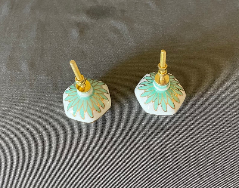 Pu&ograve; includere: Due pomelli decorativi per mobili. Ogni pomello presenta una base esagonale bianca con un motivo floreale turchese e dorato. Un gambo metallico dorato si estende dal centro di ogni pomello, progettato per una facile installazione sui mobili.