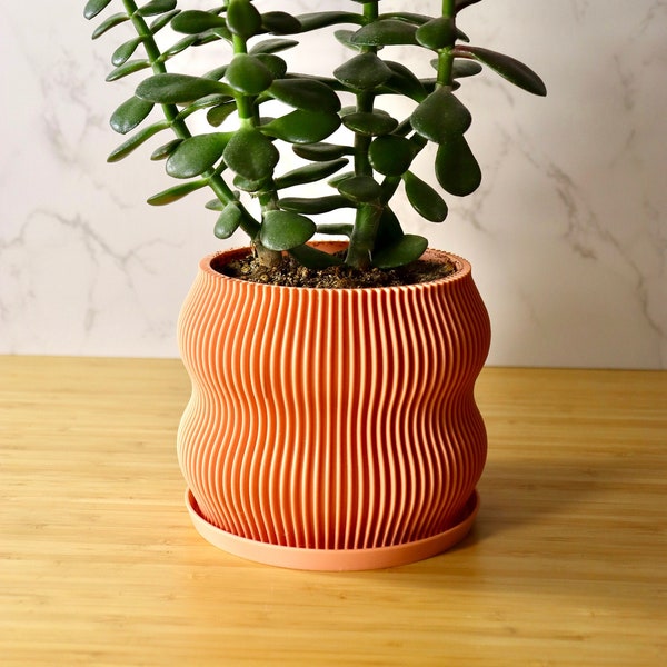 Red Wax Planter Pot with Efficient Drainage, 3D Printed Sustainable Bioplastic, Modern Minimalist Indoor Plant Pot, Unique Home Decor Piece