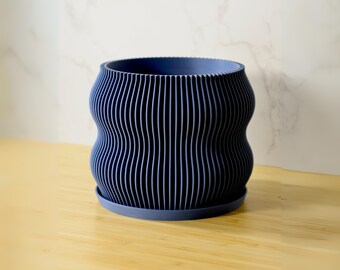 Blue Planter Pot, Drainage Hole & Drip Tray, Modern Minimal Home Decor, Room Aesthetic Decor, 3D Printed Sustainable Bioplastic Plant Pot