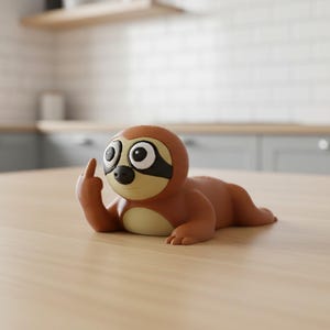 May include: A brown sloth figurine with large eyes and a black mask, giving the middle finger. The sloth is lying on a light brown wooden surface. The background shows a kitchen with light gray cabinets and a white tiled wall.