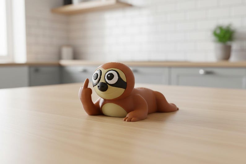 May include: A brown sloth figurine with large eyes and a black mask, giving the middle finger. The sloth is lying on a light brown wooden surface. The background shows a kitchen with light gray cabinets and a white tiled wall.