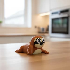 May include: A brown and beige sloth figurine with large eyes and a black mask. The figurine is lying down on a light-colored wooden surface. The background is a kitchen with a window and an oven.