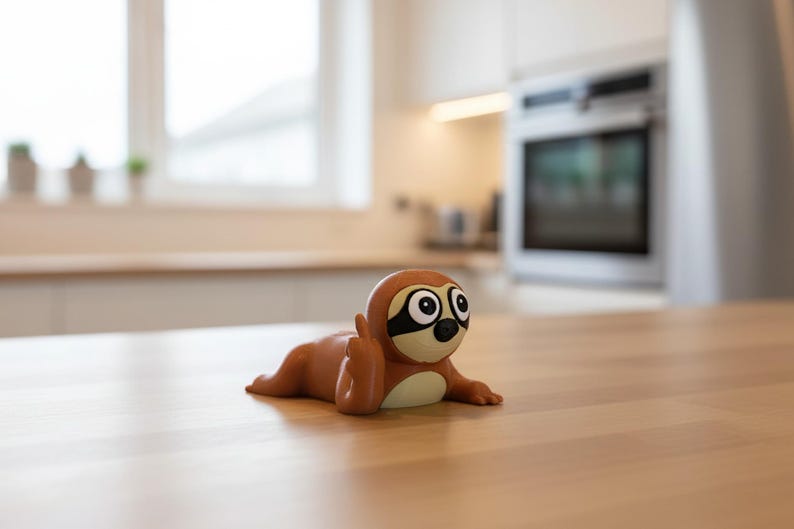 May include: A brown and beige sloth figurine with large eyes and a black mask. The figurine is lying down on a light-colored wooden surface. The background is a kitchen with a window and an oven.