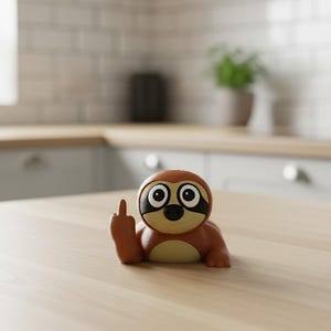 May include: A brown and tan sloth figurine with large eyes and a black nose, giving the middle finger. The figurine is on a light-colored wooden surface, with a blurred kitchen background.