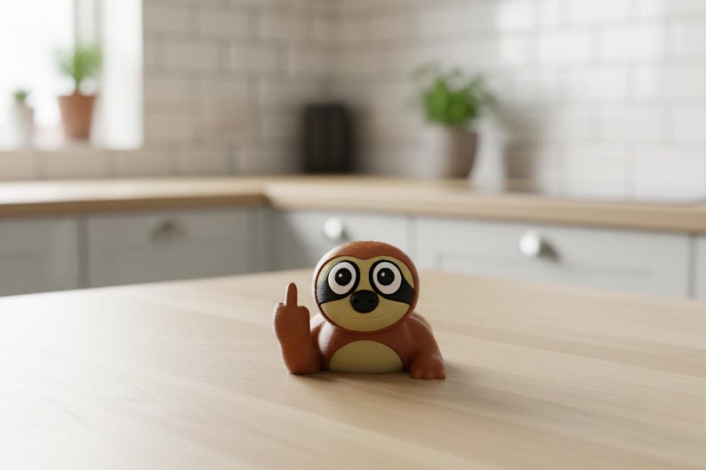 May include: A brown and tan sloth figurine with large eyes and a black nose, giving the middle finger. The figurine is on a light-colored wooden surface, with a blurred kitchen background.