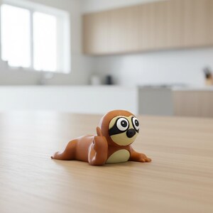 May include: A brown and tan sloth figurine with large eyes and a black mask. The figurine is lying on a light brown wooden surface. The background is a blurred kitchen setting.