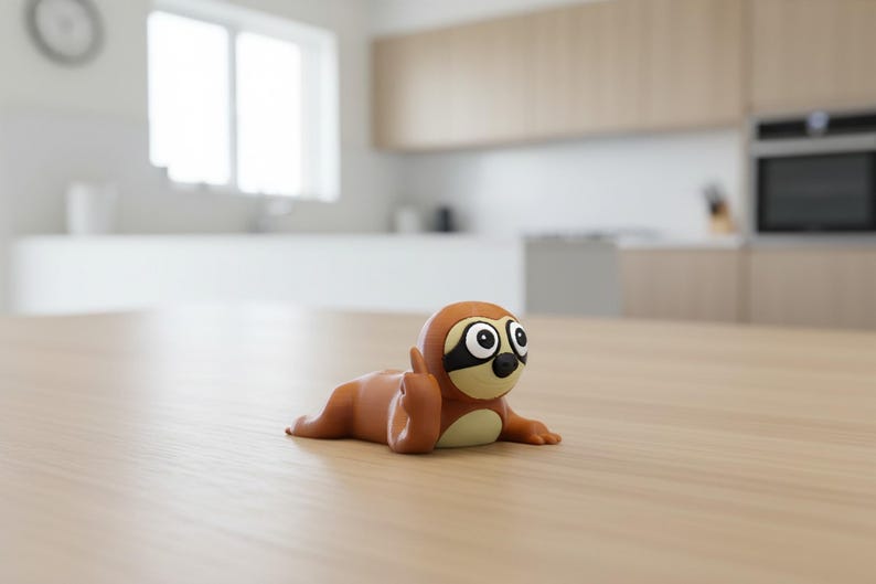 May include: A brown and tan sloth figurine with large eyes and a black mask. The figurine is lying on a light brown wooden surface. The background is a blurred kitchen setting.