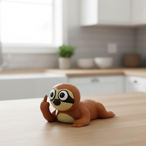 May include: A brown and tan sloth figurine with a black mask around its eyes, giving the middle finger. The figurine is lying down on a light brown surface, with a kitchen in the background.