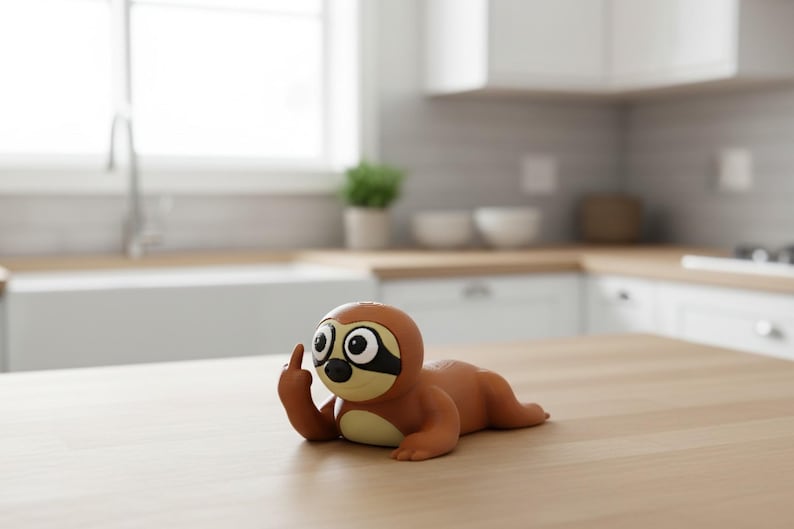 May include: A brown and tan sloth figurine with a black mask around its eyes, giving the middle finger. The figurine is lying down on a light brown surface, with a kitchen in the background.