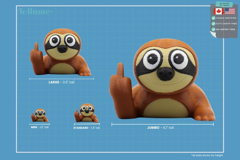 May include: Brown sloth figurine in four sizes: mini (1.0" tall), standard (1.4" tall), large (3.5" tall), and jumbo (6.1" tall). The sloth is giving the middle finger. The figurine has large eyes and a black mask. The word "lellume" is in the top left corner.