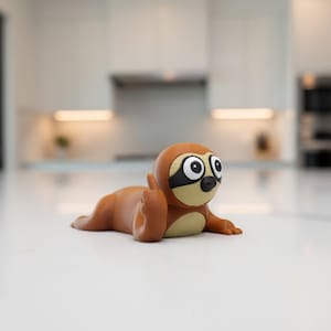 May include: A brown and tan sloth figurine with a black eye mask and large, expressive eyes. The sloth is lying down and giving the middle finger. The figurine is on a white surface, with a blurred kitchen background.