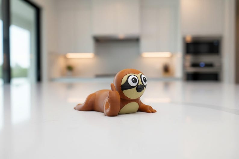 May include: A brown and tan sloth figurine with a black eye mask and large, expressive eyes. The sloth is lying down and giving the middle finger. The figurine is on a white surface, with a blurred kitchen background.