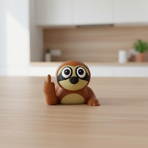 May include: A brown and tan sloth figurine with large eyes and a black mask, giving the middle finger. The figurine is on a light brown wooden surface, with a blurred kitchen background.