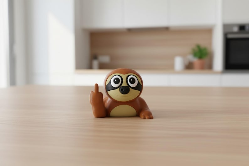 May include: A brown and tan sloth figurine with large eyes and a black mask, giving the middle finger. The figurine is on a light brown wooden surface, with a blurred kitchen background.