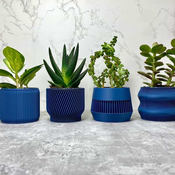 Boho Mini Planters Set - Eco-Friendly Bioplastic, Indoor Succulent & Cactus Pots, Geometric Navy Blue, Gift for Plant Lovers