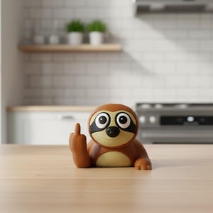 May include: A brown and tan sloth figurine with black eye markings and a raised middle finger. The figurine is on a light brown wooden surface, with a kitchen in the background.