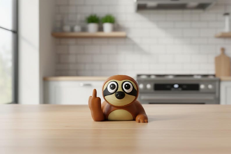 May include: A brown and tan sloth figurine with black eye markings and a raised middle finger. The figurine is on a light brown wooden surface, with a kitchen in the background.