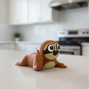 May include: A brown and tan sloth figurine with a black mask around its eyes and a raised middle finger. The sloth is lying down on a white countertop in a kitchen setting.