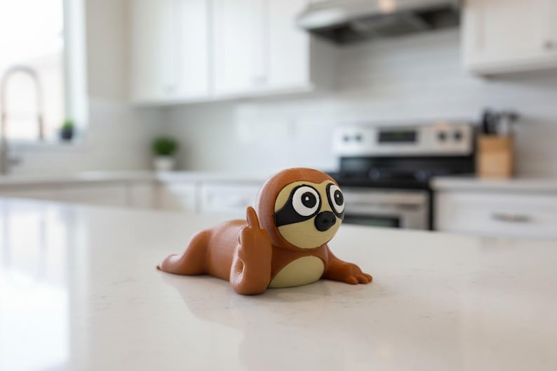 May include: A brown and tan sloth figurine with a black mask around its eyes and a raised middle finger. The sloth is lying down on a white countertop in a kitchen setting.